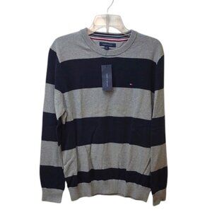 Tommy Hilfiger Men's All Cotton LS Crewneck Gray Navy Stripe Sweater L NWT